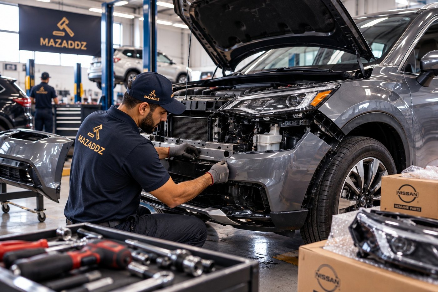 Un technicien MAZADDZ remet un véhicule en état dans l'atelier de Sharjah.